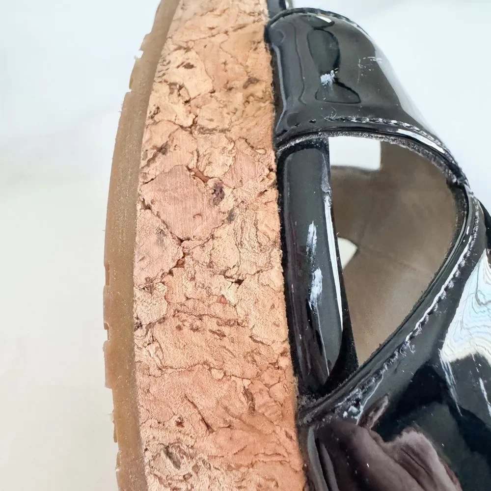 Jimmy Choo Patent Leather Cork Wedge Slide Sandals Black EU 40.5